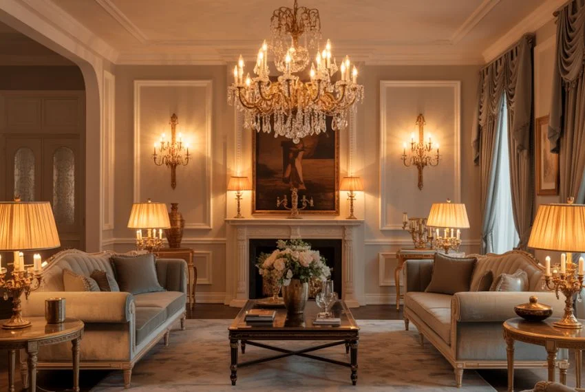 Classic living room with grand crystal chandelier, brass and gold wall sconces
