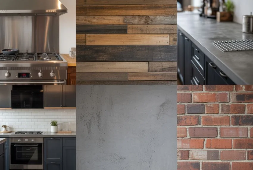 Close-up collage of industrial kitchen materials 