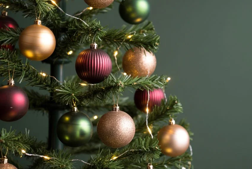 Close-up of Christmas tree ornaments in deep green