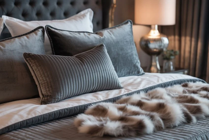 Close-up of velvet pillows, quilted bedding