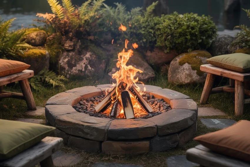 Close-up view of a natural stone firepit with crackling fire