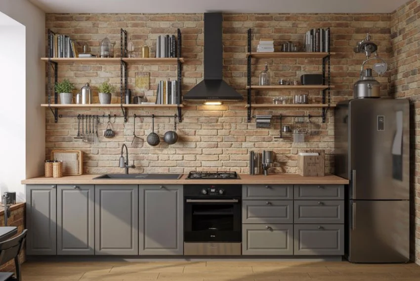 Compact industrial kitchen, vertical shelving