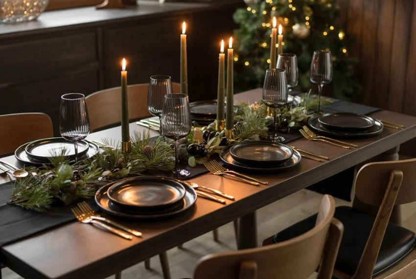 Dark Christmas dining table setting with charcoal tablecloth