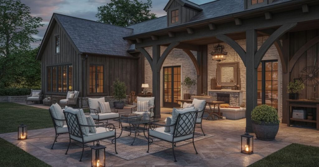 Dark rustic farmhouse backyard patio