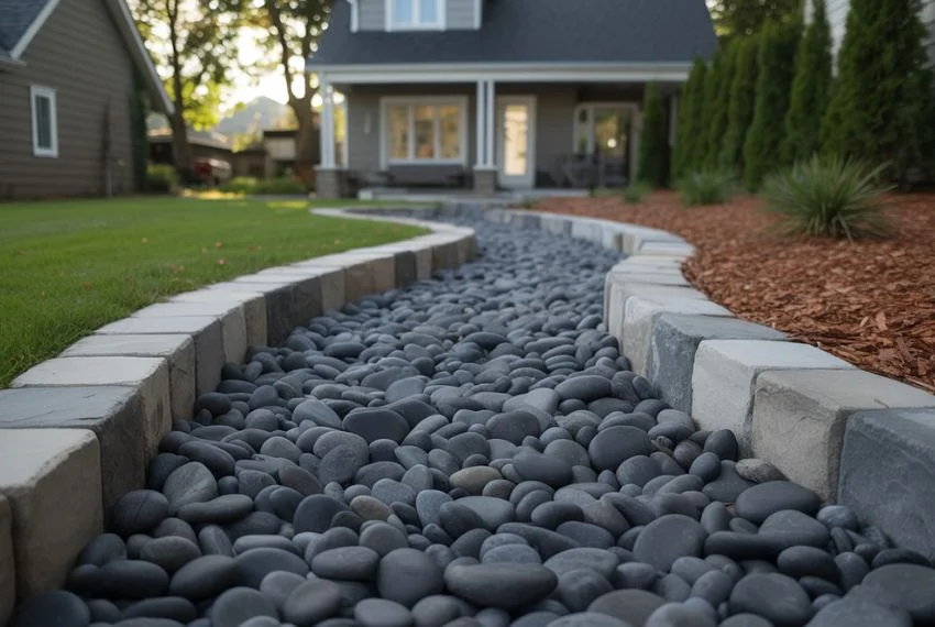 Decorative Drainage Solutions Using Black River Rocks