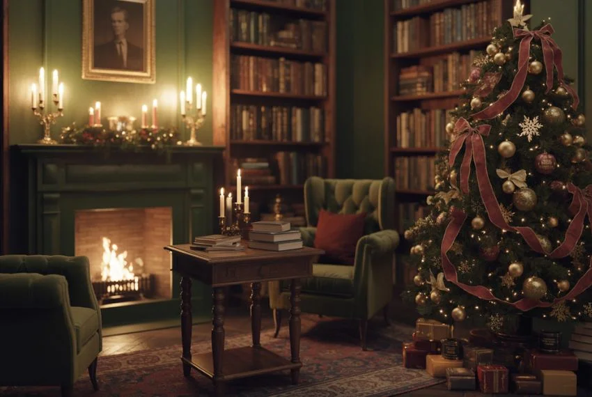 Dimly lit room with a cozy fireplace