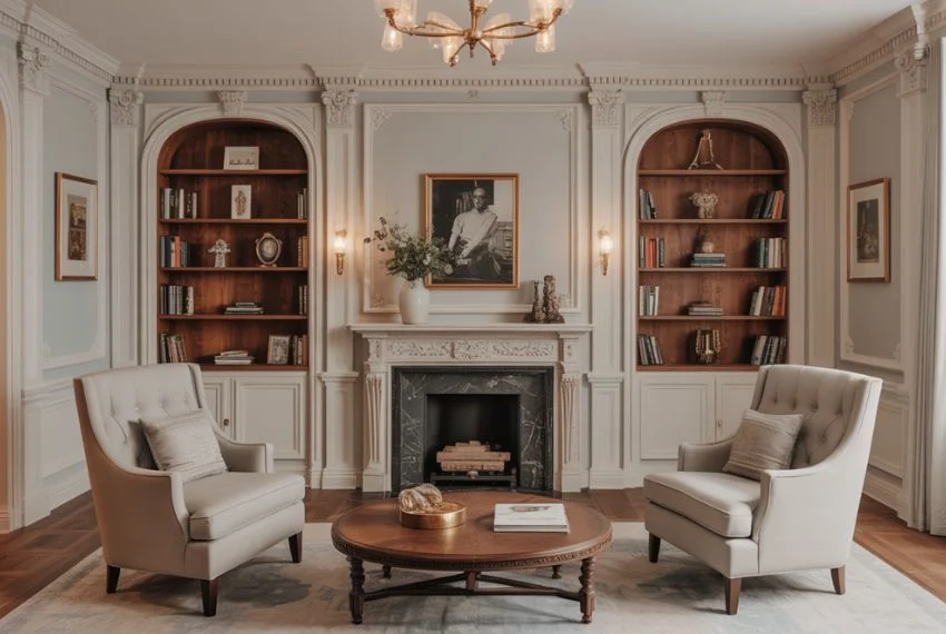 Elegant living room with crown molding, wainscoting, built-in bookshelves