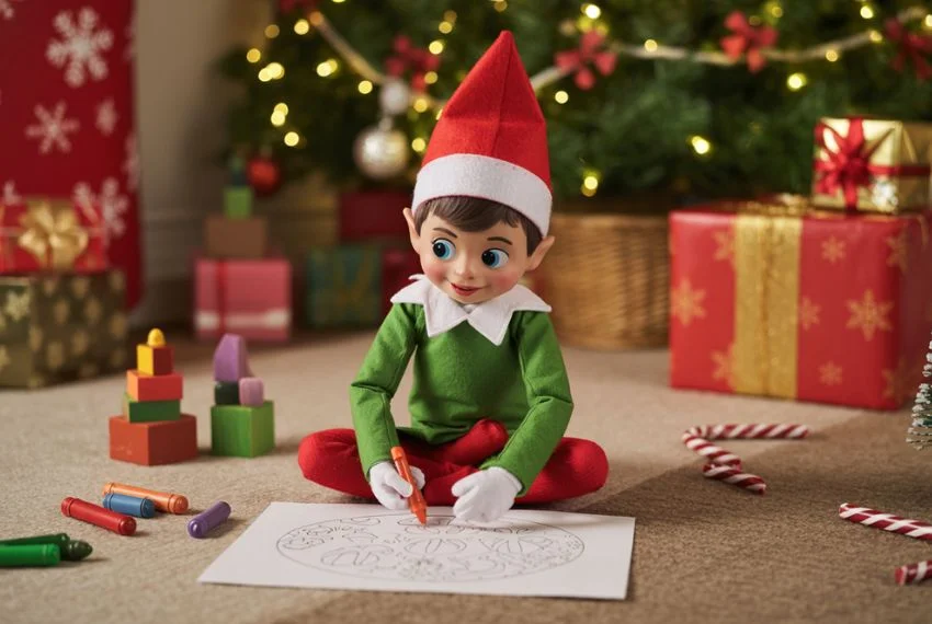 Elf on the Shelf coloring with crayons with small drawing, playful kids holiday activity