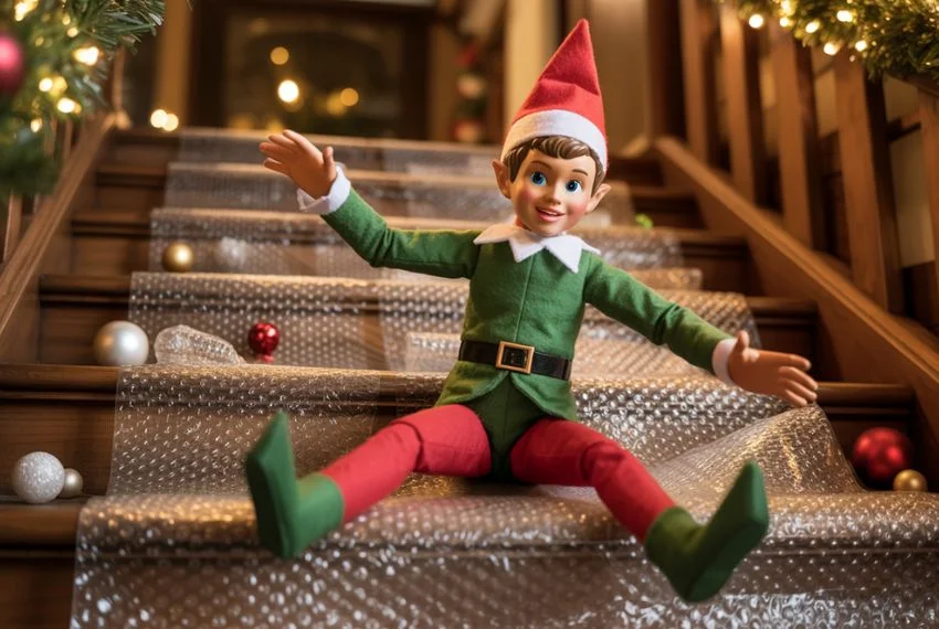 Elf on the Shelf sliding down bubble wrap on stairs, fun last minute Christmas idea
