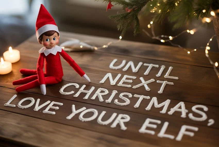 Elf on the Shelf waving goodbye with cozy Christmas family background, festive holiday spirit