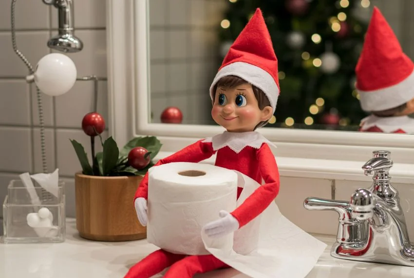 Elf on the Shelf wrapped in toilet paper or sitting in marshmallow bath, playful holiday scene