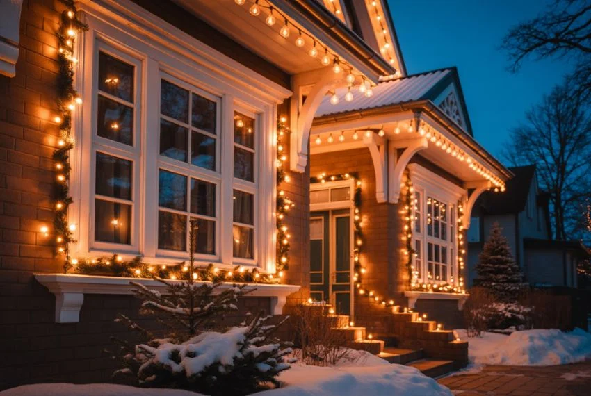 Exterior windows lined with warm Christmas lights
