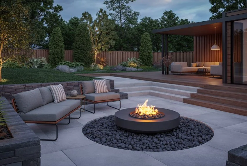 Fire Pit and Seating Areas with Black River Rocks