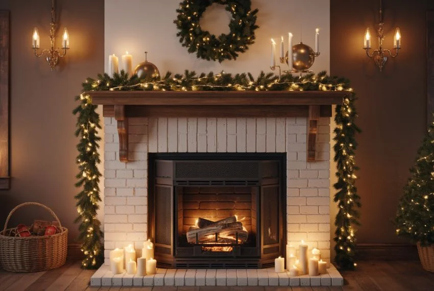 Fireplace mantel styled with candles and warm fairy lights