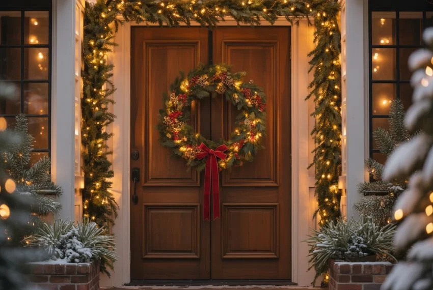 Front door framed with warm lighted garlands
