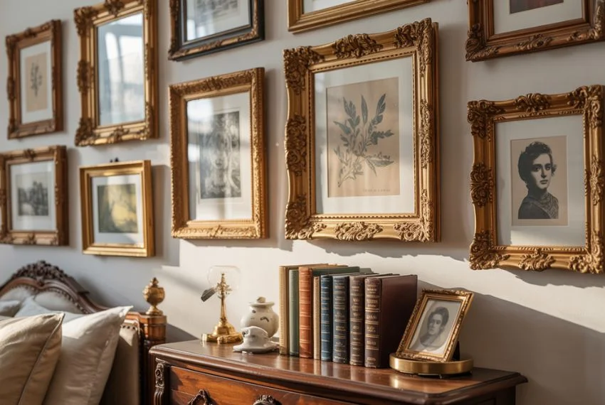 Gallery wall of ornate gold and carved wood picture frames