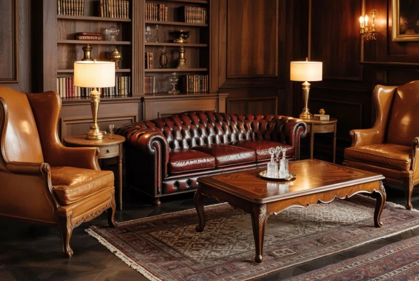 High-end living room with handcrafted wooden furniture, tufted leather Chesterfield sofa