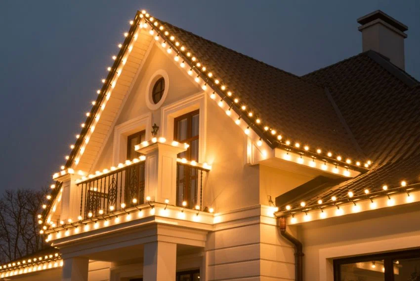House roofline and balcony outlined with warm white Christmas lights