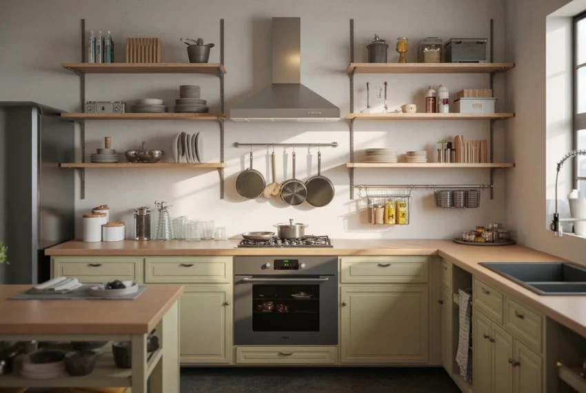 Industrial kitchen with open wood and metal shelving 
