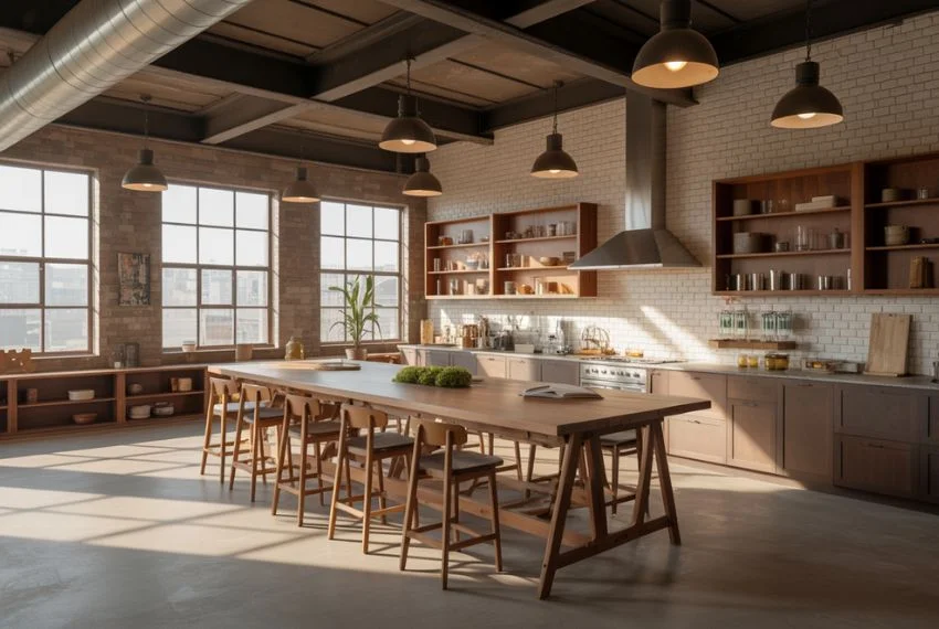 Large open plan industrial kitchen in a loft 