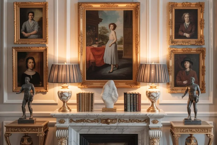 Living room with classical paintings on walls