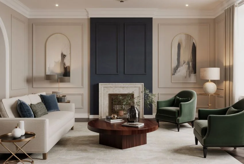 Living room with muted colour palette, cream and beige walls