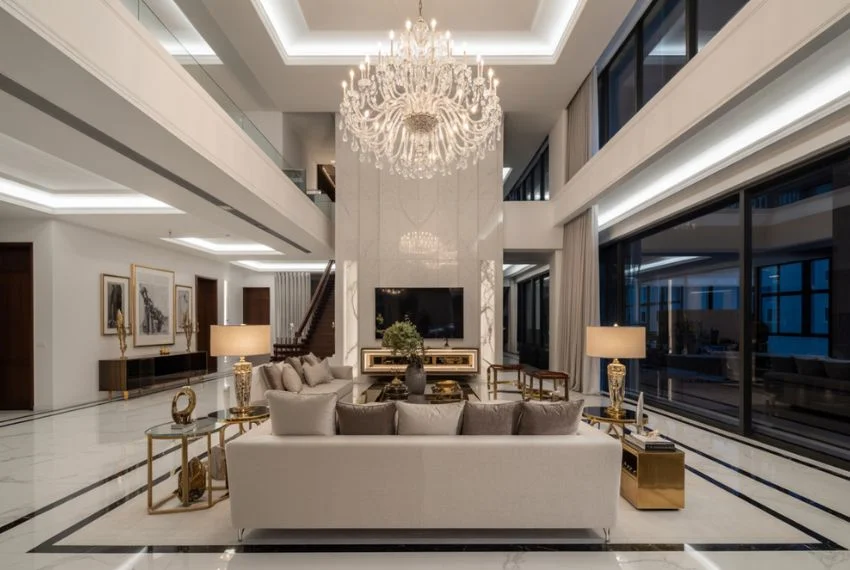 Luxury Double Height Living Room with Statement Lighting