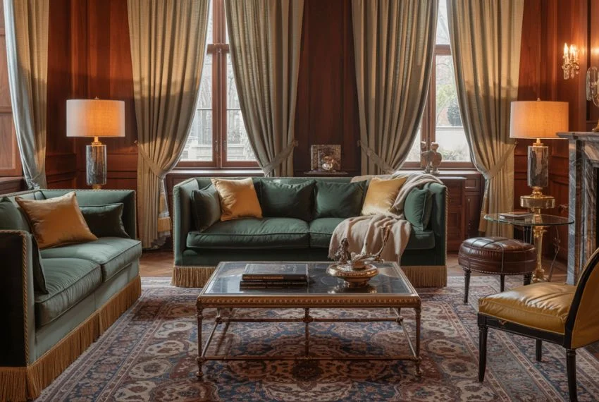 Luxury living room showcasing velvet sofas, silk cushions, wool rugs