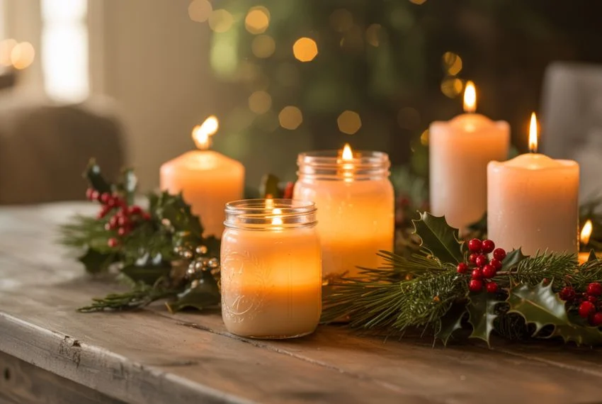 Mason jar candles and pillar candles glowing on rustic Christmas table