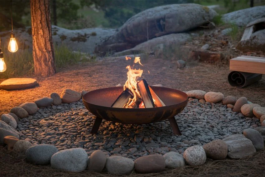 Metal bowl firepit set inside a stone border