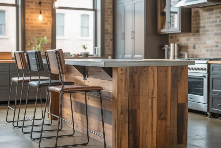 Metal frame bar stools around reclaimed wood island 