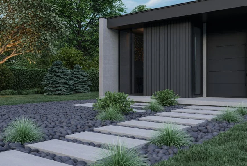 Minimalist Front Yard Landscaping with Black River Rocks