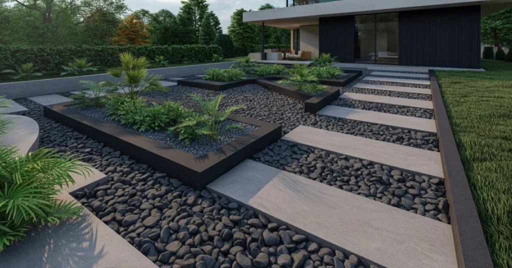 Modern Black River Rock Ideas for Beautiful House Yard Landscaping