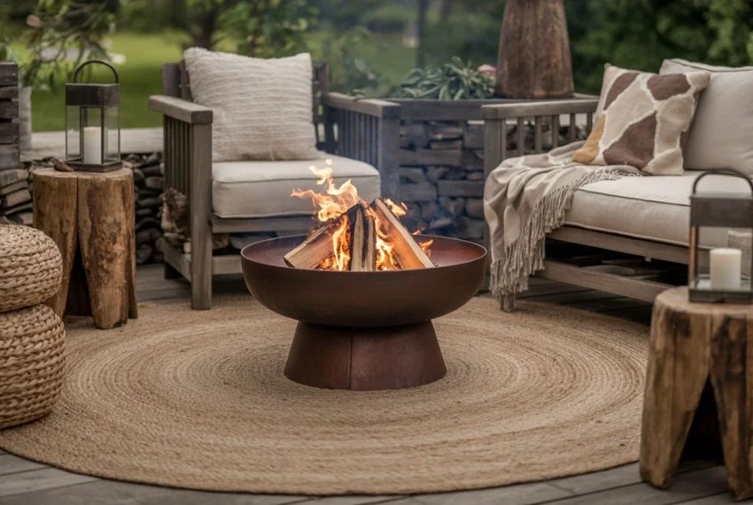 Nature-inspired firepit with string lights above