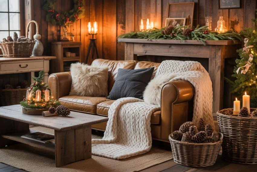 Old-school farmhouse interior with layered cozy textures for Christmas