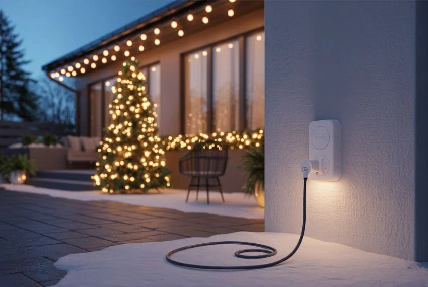 Outdoor Christmas lights connected to smart plugs and timers
