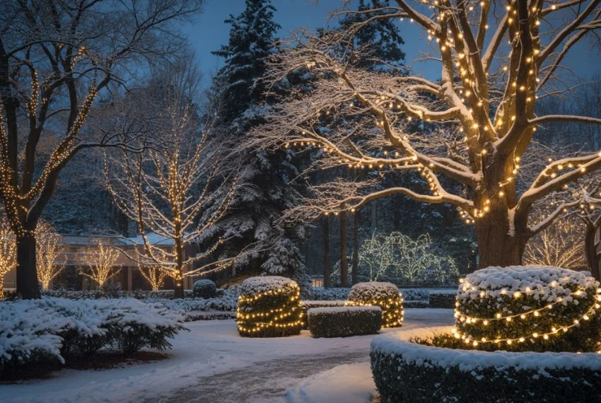 Outdoor pathway lined with warm LED stake lights and subtle string lights