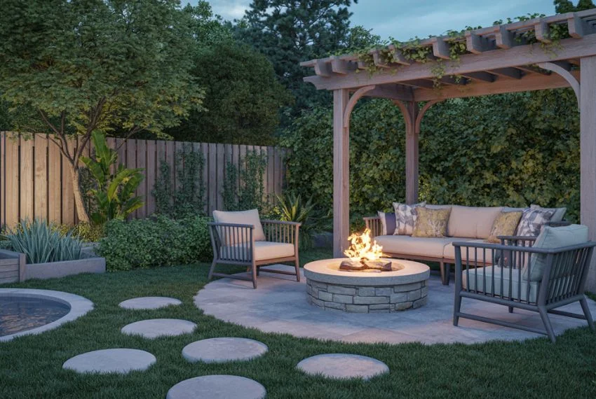 Outdoor rustic firepit setting with woven jute rug