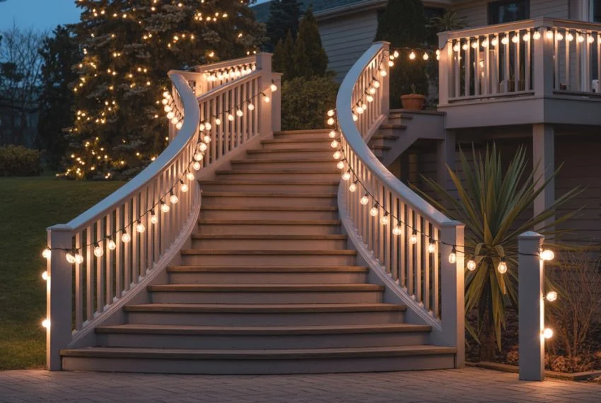 Outdoor staircase and railings wrapped with warm white Christmas string lights