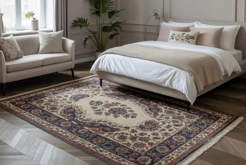 Patterned rug with vintage Victorian motifs under a modern bed