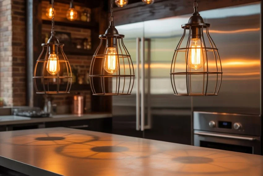 Pendant lights with metal cages in kitchen 