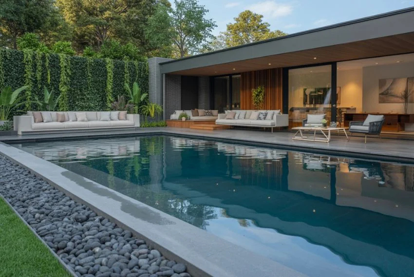 Poolside and Water Feature Landscaping with Black River Rocks