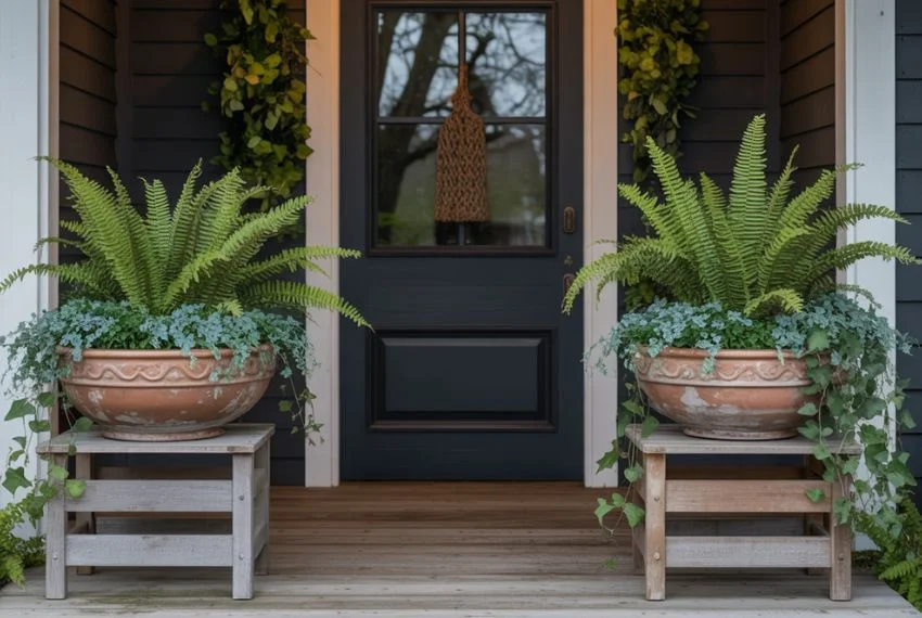 Porch entrance with rustic wooden and terracotta planters