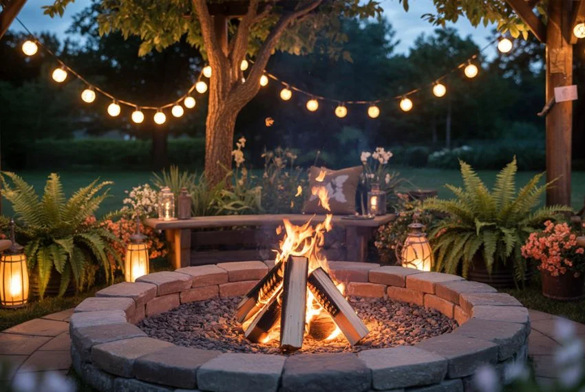 Semi-circle wooden log bench seating around stone firepit
