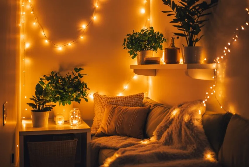 Small room corner decorated with warm LED lights