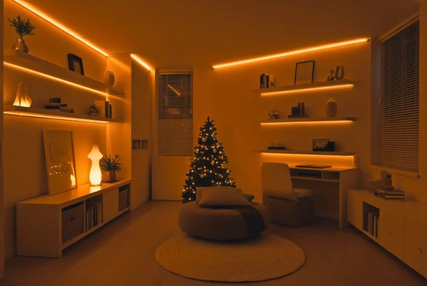 Small room with warm LED strip lights under shelves and along walls