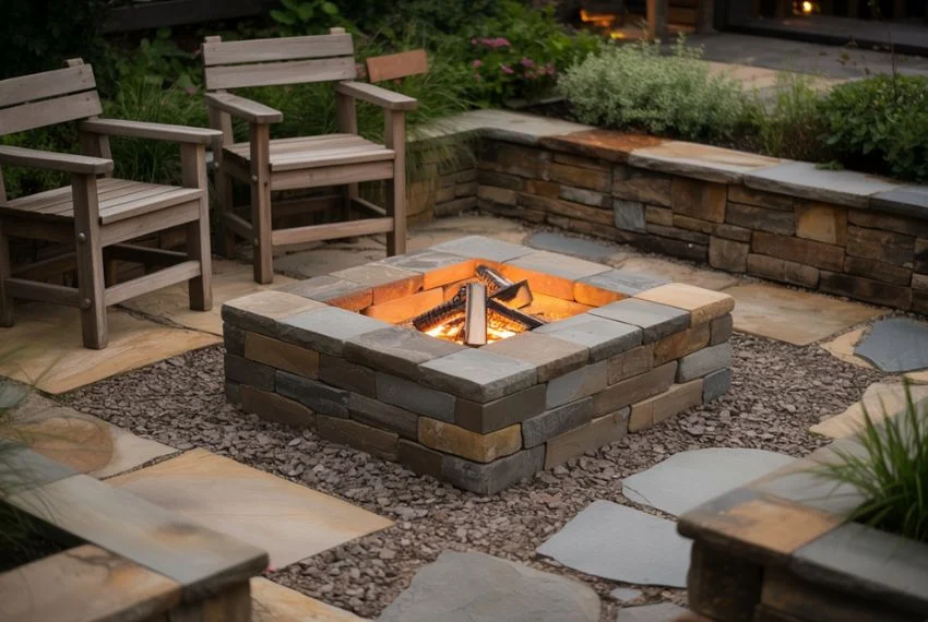 Square stone firepit with rough stone blocks