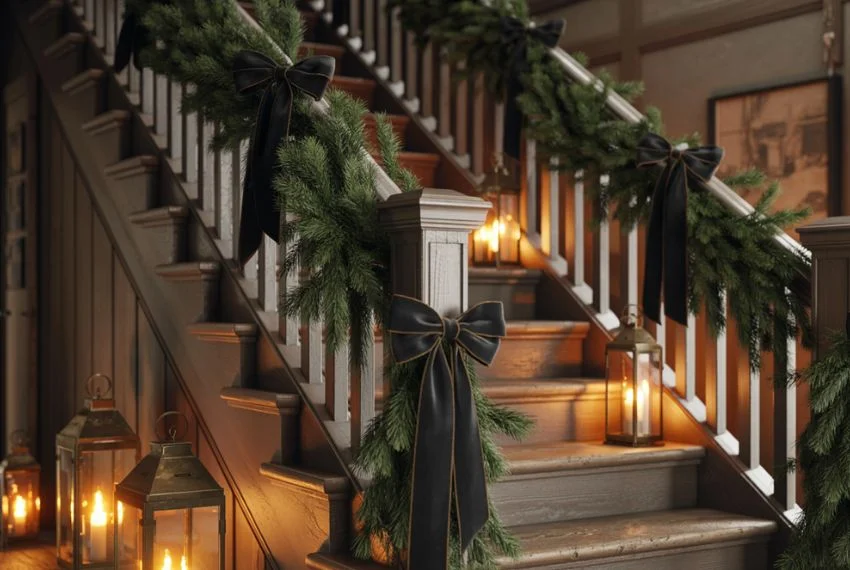 Staircase decorated with dark pine garland