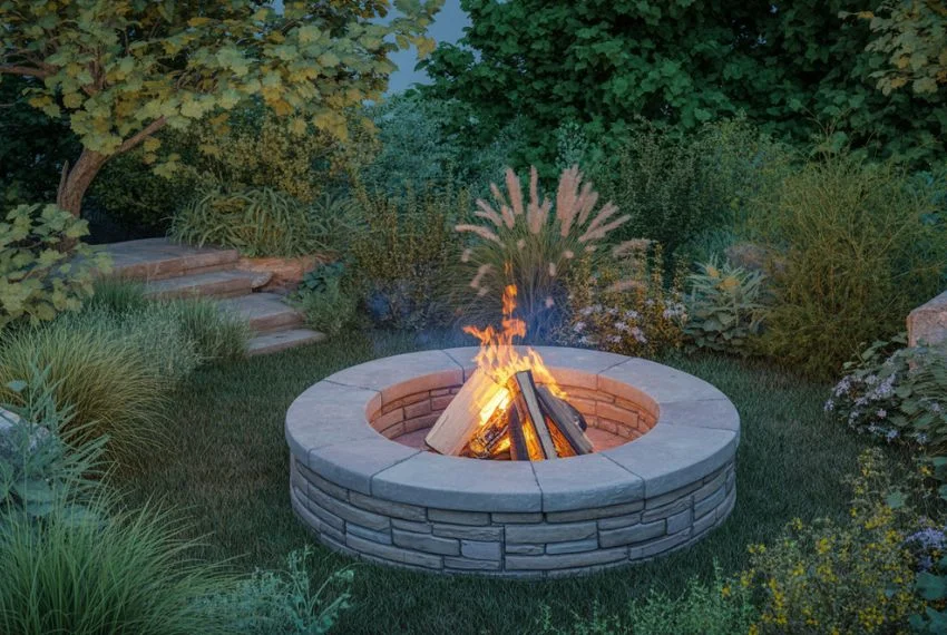 Stone firepit surrounded by tall grasses 