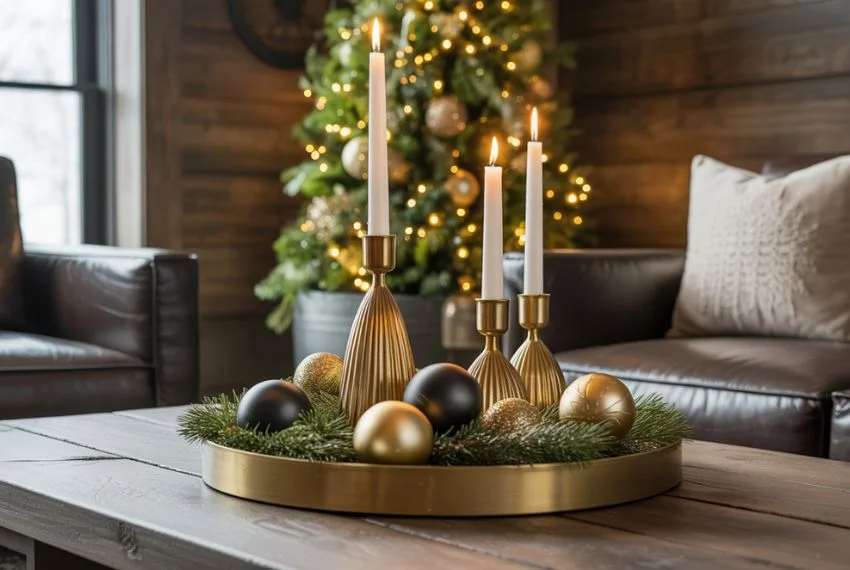 Styled coffee table with antique gold candle holders